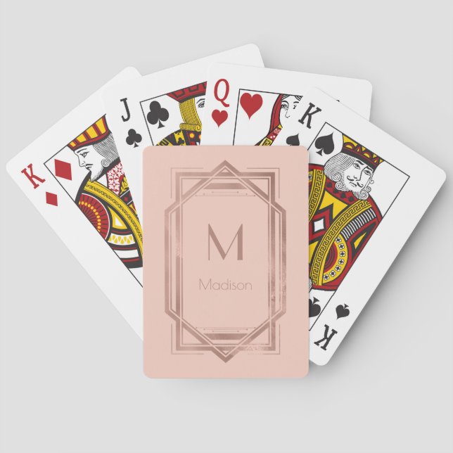 Jeu De Cartes Rose Gold et Blush Géométrique | Monogramme & Nom (dos)
