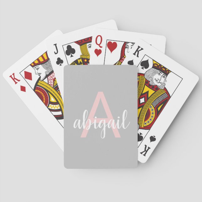 Jeu De Cartes Rose Pâle Gris Monogramme Nom et Initiale (dos)