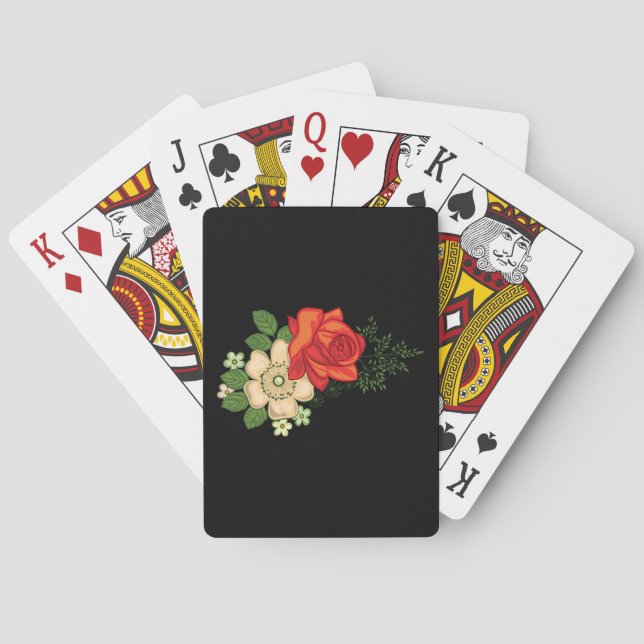 Jeu De Cartes Rose rouge et marguerites sur fond noir (dos)