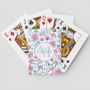 Jeu De Cartes Rose violet Turquoise Aquarelle Fleurs Monogramme