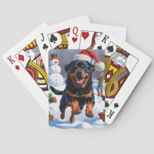Jeu De Cartes Rottweiler courant dans la neige avec un chapeau d