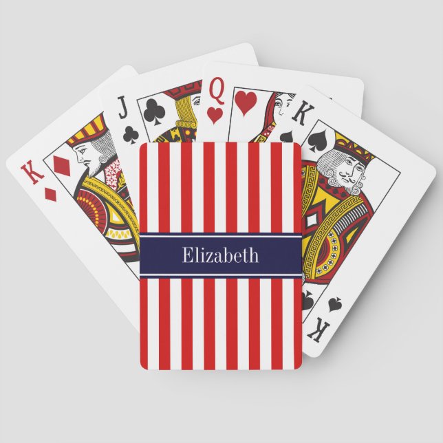 Jeu De Cartes Rouge Blanc Rayure Navy Bleu Nom Monogramme (dos)