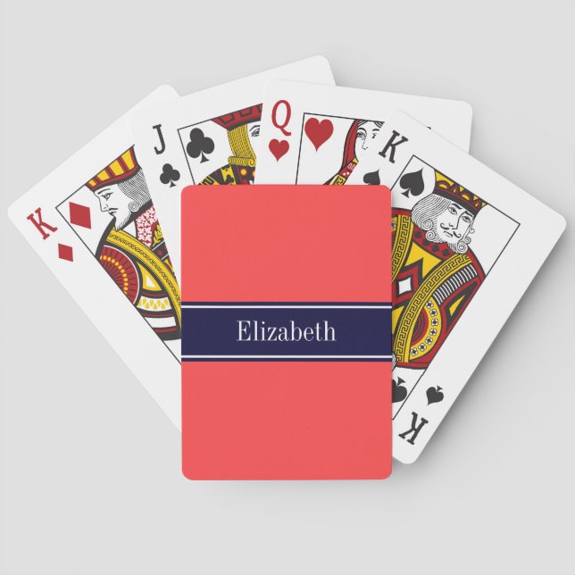 Jeu De Cartes Rouge Corail Uni, Monogramme avec Ruban Bleu Marin (dos)