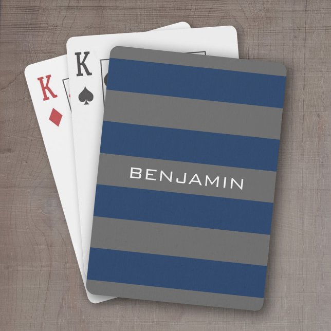 Jeu De Cartes Rugby bleu marine et gris avec nom personnalisé (Personalized playing cards - sporty, preppy stripe pattern with name. Great gift for the guys!)