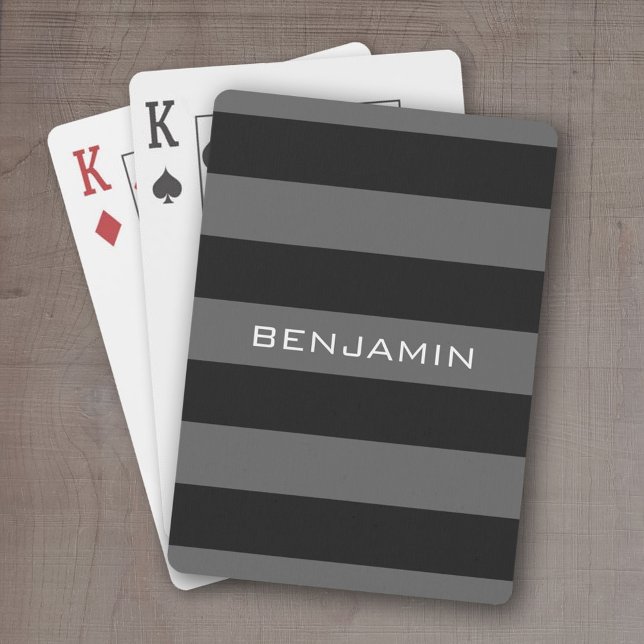 Jeu De Cartes Rugby noir et gris avec nom personnalisé (Personalized playing cards - sporty, preppy stripe pattern with name. Great gift for the guys!)