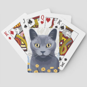 Jeu De Cartes Russe Bleu Chat Fleurs Jaunes Classique