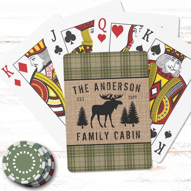 Jeu De Cartes Russe Cabine de famille Moose Pine Green Plaid Bur (Personalize with your Family Cabin, Cottage, Ranch or any desired text)