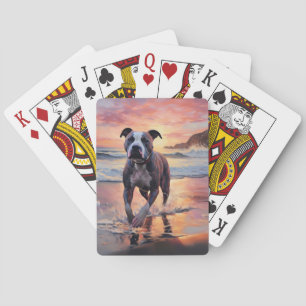 Jeu De Cartes Sandy American Staffordshire Dog on Beach Sunset