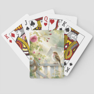 Jeu De Cartes Scène aquarelle de rose de jardin et d'oiseau