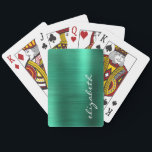 Jeu De Cartes Script de signature en métal brossé vert<br><div class="desc">Ce design branché est doté d'un arrière - plan moderne de feuille de métal brossée en faux vert. Personnalisez-le avec votre nom qui tourne verticalement sur le côté droit en écriture manuscrite blanche.</div>