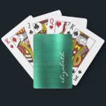 Jeu De Cartes Script de signature en métal brossé vert<br><div class="desc">Ce design branché est doté d'un arrière - plan moderne de feuille de métal brossée en faux vert. Personnalisez-le avec votre nom qui tourne verticalement sur le côté droit en écriture manuscrite blanche.</div>