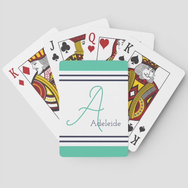 Jeu De Cartes Sea Green & Nave Blue Stripes Personnalisé (dos)