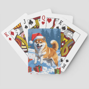 Jeu De Cartes Shiba Inu courant dans la neige avec un chapeau de