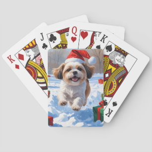 Jeu De Cartes Shih Tzu courant dans la neige avec un chapeau de