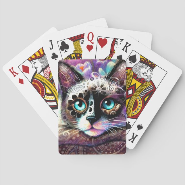 Jeu De Cartes Siamese Kitty Chat Crocus Floral Violet Turquoise  (dos)