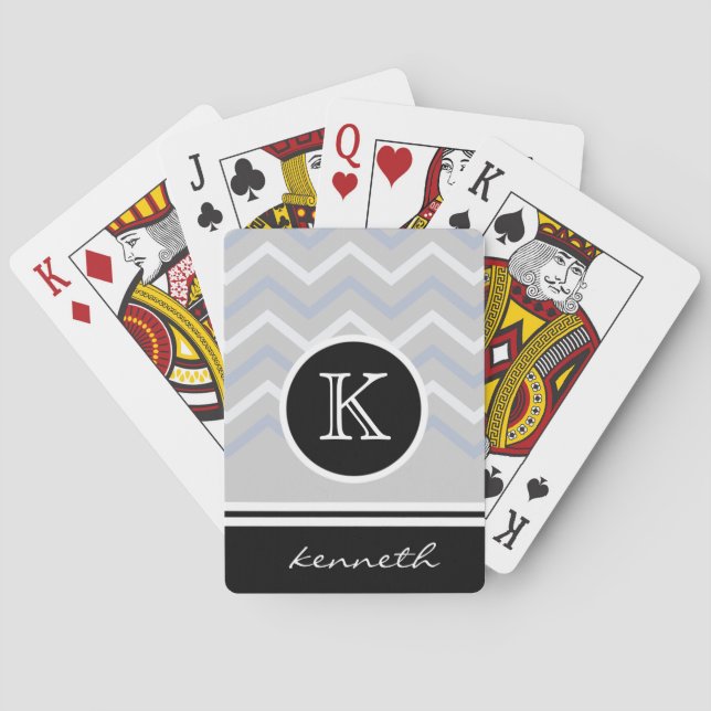 Jeu De Cartes Silver Grey Chevron Black Monogramme Nom Personnal (dos)