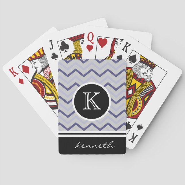 Jeu De Cartes Silver Grey Chevron Black Monogramme Nom Personnal (dos)