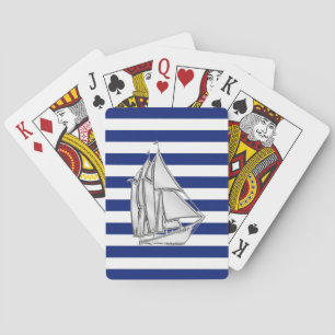 Jeu De Cartes Silver Sailboat on Nautical Blue Stripes