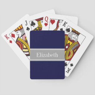 Jeu De Cartes Solid Navy Blue, Dark Gray Ribbon Nom Monogram