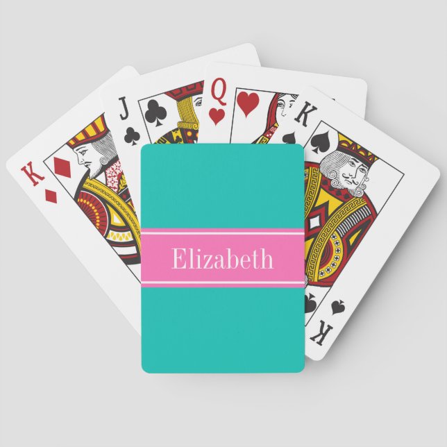 Jeu De Cartes Solid Teal, Hot Pink #2 Ribbon Nom monogram (dos)