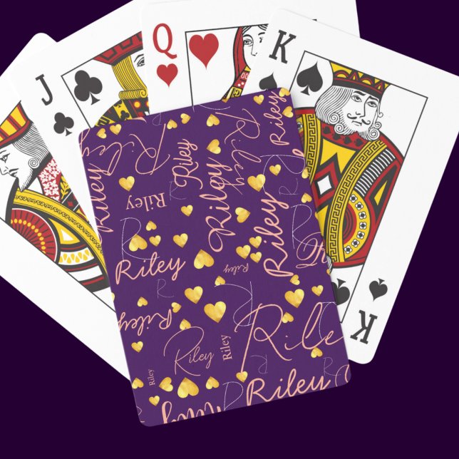 Jeu De Cartes Son nom avec Gold Hearts Purple (Créateur téléchargé)