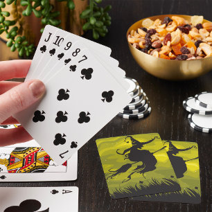 Jeu De Cartes Sorcière d'Halloween effrayante volant sur un bala