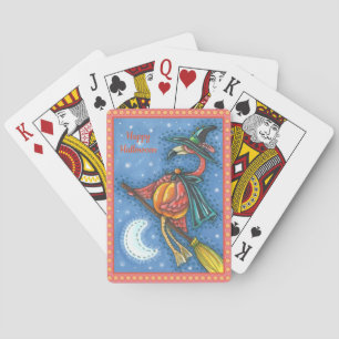 JEU DE CARTES SORCIÈRE FLAMANT ROSE, VOLANT AU-DESSUS DE LA LUNE