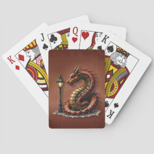 Jeu De Cartes Steampunk Dragon à côté d'un lampadaire vintage.