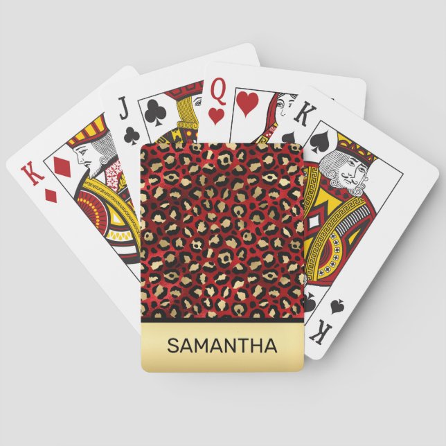 Jeu De Cartes Stylish Scarlet Red and Gold Foil Leopard Spots (dos)