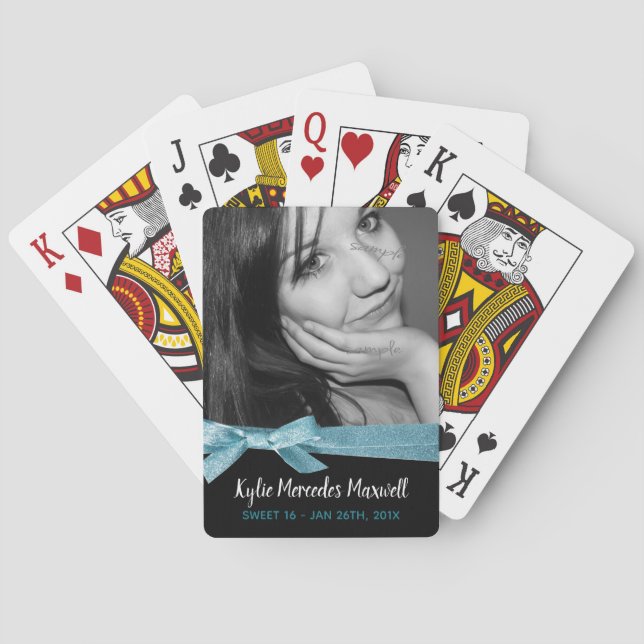 Jeu De Cartes Sweet 16th Girly Aqua Ribbon Anniversaire Keepsaké (dos)