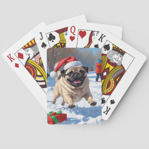 Jeu De Cartes T Pug courant dans la neige avec un chapeau de Noë