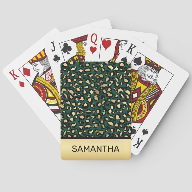 Jeu De Cartes Taches de léopard élégantes vert foncé et or feuil (dos)