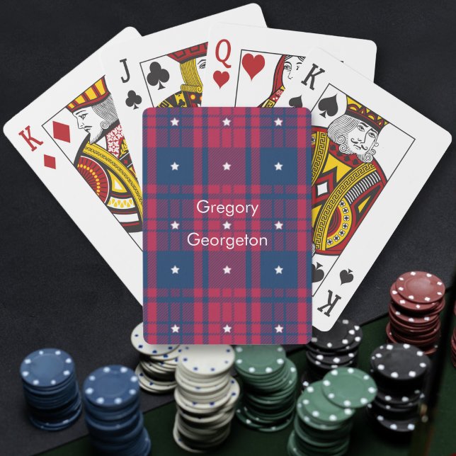 Jeu De Cartes Tartan - Patriotique - Bleu Rouge Étoiles Blanches (Tartan - Patriotic - Red Blue White Stars Playing Cards by Leapfroglisics Shop)