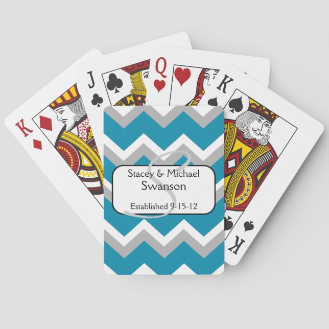 Jeu De Cartes Teal and Grey Chevron Monogram Playing Cards (dos)