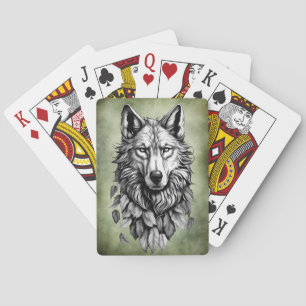 Jeu De Cartes tête de loup animal feuille dessin d'art original