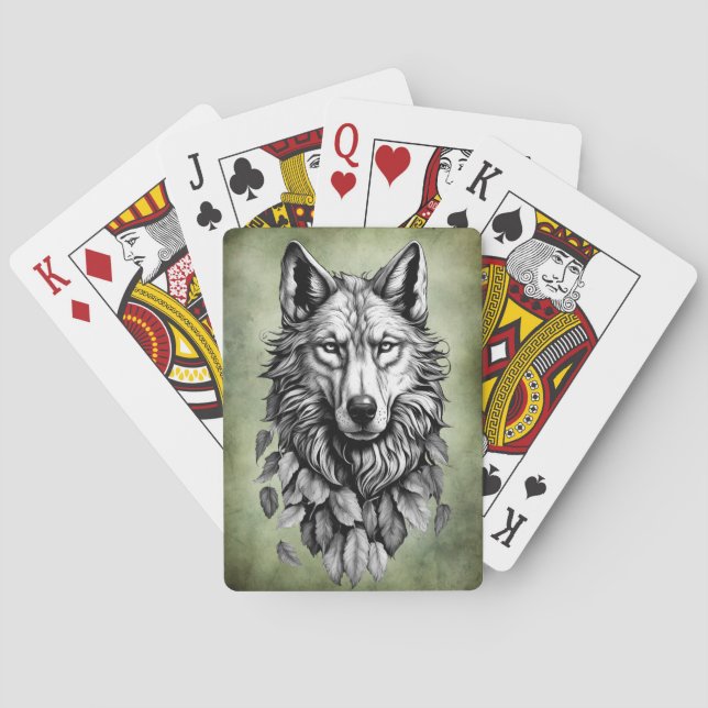 Jeu De Cartes tête de loup animal feuille dessin d'art original (dos)