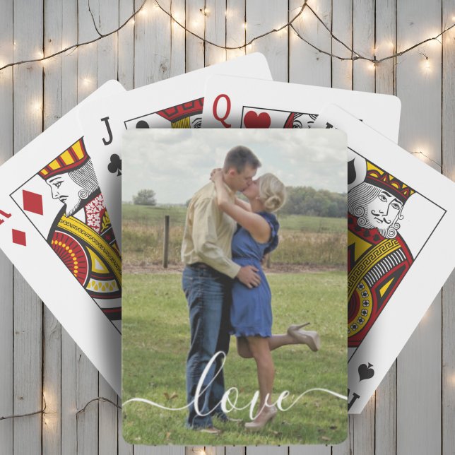 Jeu De Cartes Texte d'amour de photo personnalisé brossé superpo (Custom Photo Love Text Brushed Script Overlay Playing Cards)