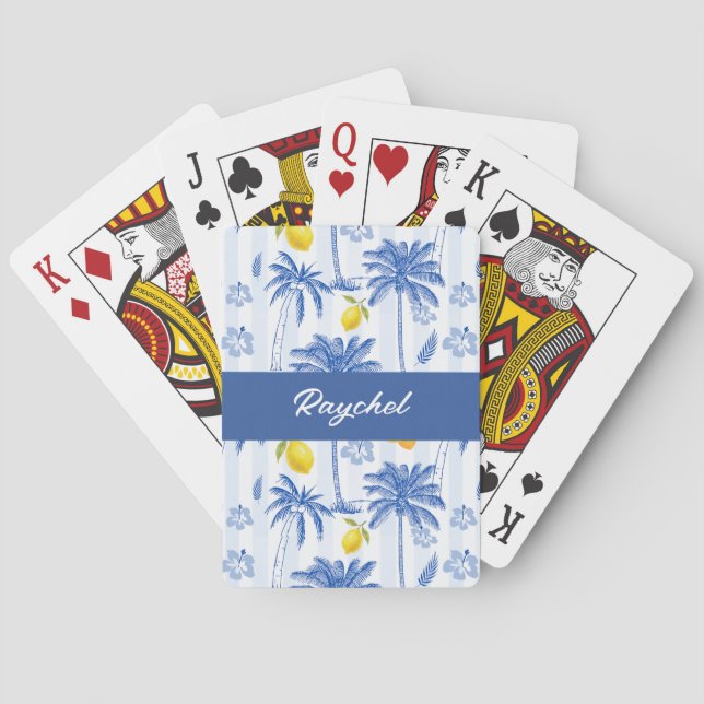 Jeu De Cartes Toile Bleue Palmiers Citrons Monogramme Nom (dos)