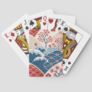 Jeu De Cartes Traditional Red Blue Japanese Wave Sakura Pattern