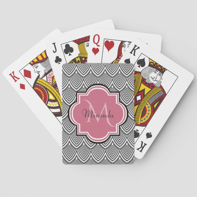 Jeu De Cartes Trendy Black Arched Scallops Pink Monogramme Nom (dos)