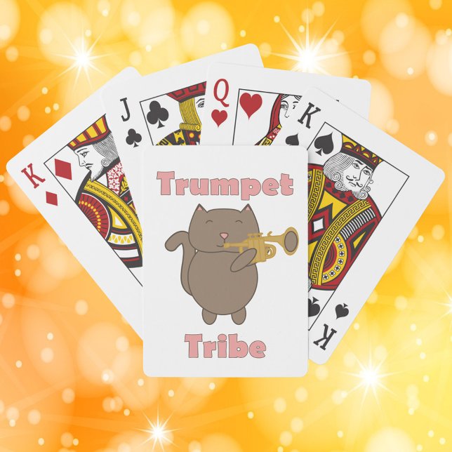 Jeu De Cartes Tribu de la Trompette Chat Brun (A deck of playing cards featuring a brown cat playing the trumpet with the words trumpet tribe.)