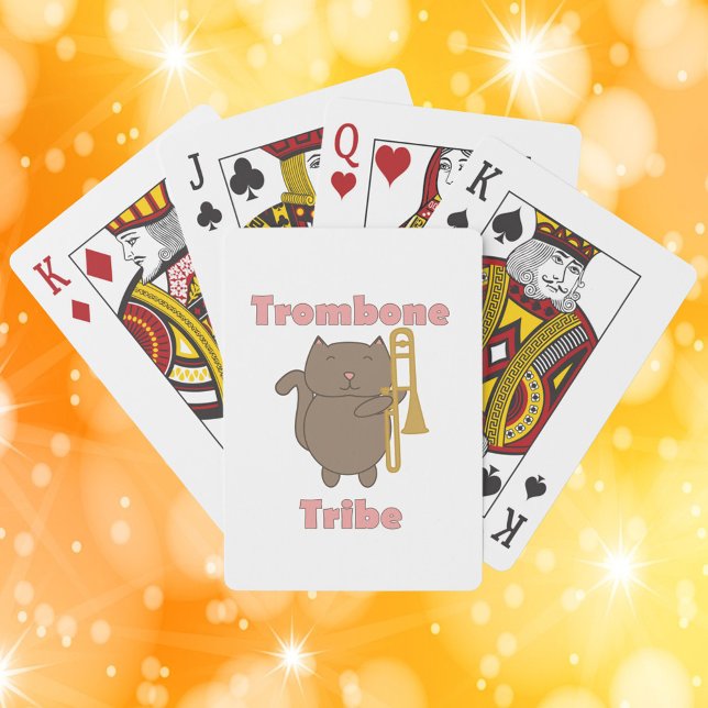 Jeu De Cartes Trombone Tribe Marron Kawaii Chat Rose (A deck of playing cards with a brown cat holding a trombone and the words trombone tribe.)