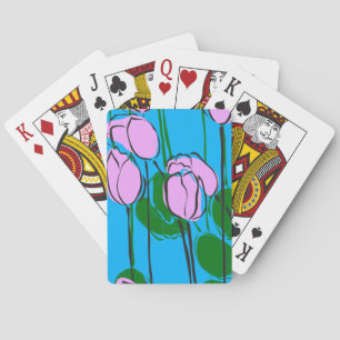 Jeu De Cartes Tulipes roses dessinées à la main sur bleu ciel