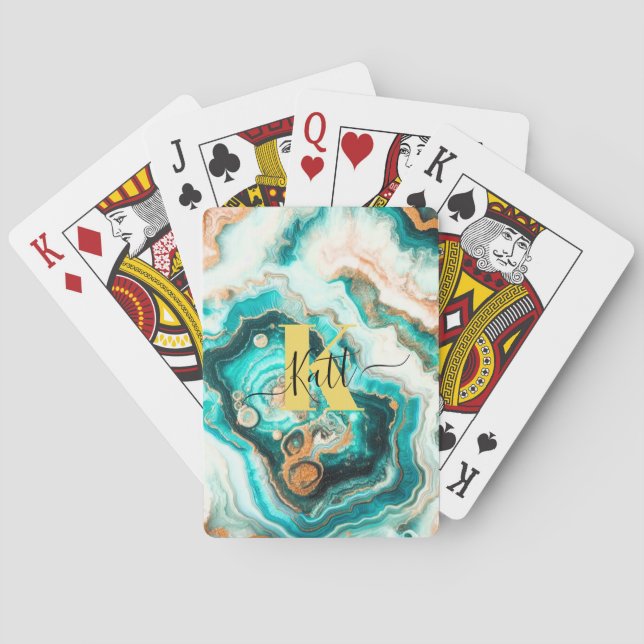 Jeu De Cartes Turquoise Aqua Agate Golden Custom Monogramme mode (dos)