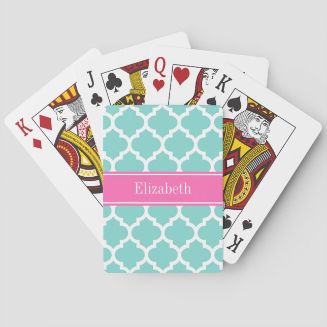 Jeu De Cartes Turquoise Blanc Marocain #5 Rose Chaud 2 Nom Monog (dos)