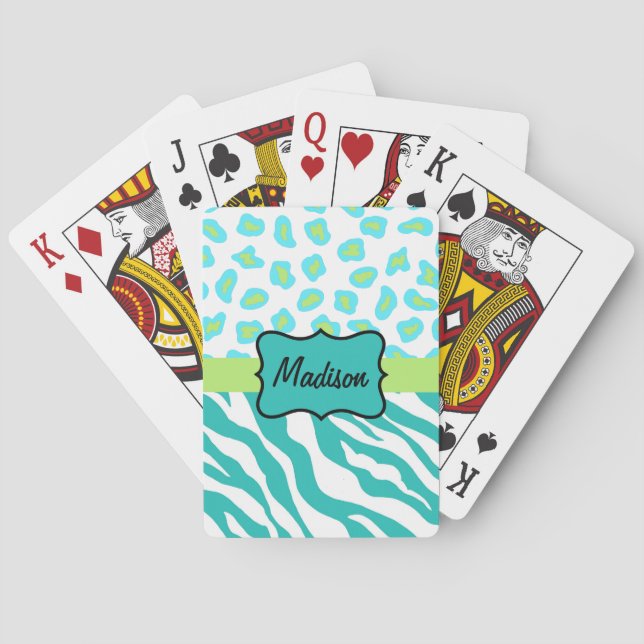 Jeu De Cartes Turquoise Blanc Vert Zèbre Léopard Monogramme de p (dos)