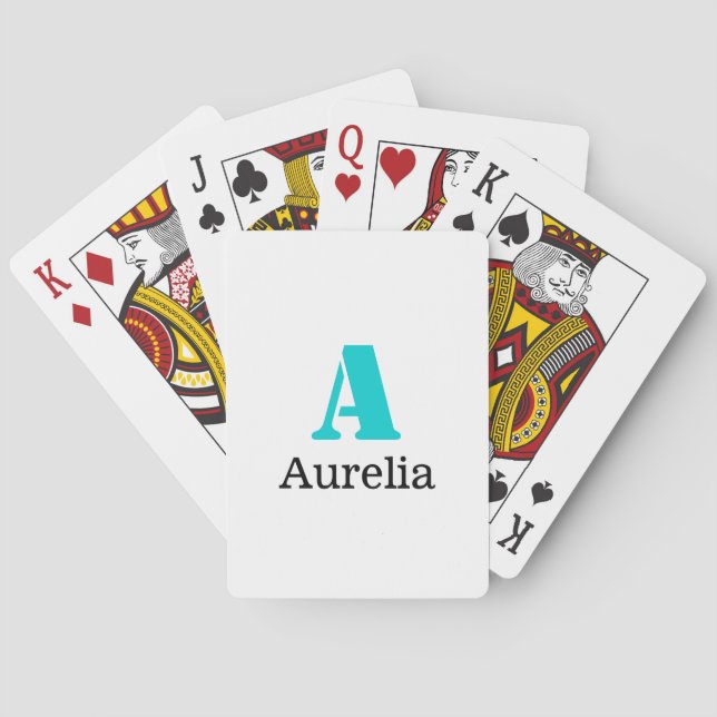 Jeu De Cartes Turquoise Élégant Initial Noir Nom | Moderne  (dos)