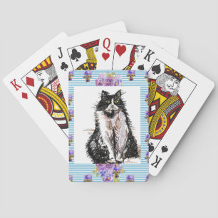 Jeu De Cartes Tuxedo Chat Chats Noir et Blanc Filles Floral Bleu