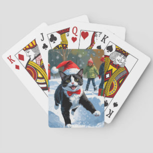 Jeu De Cartes Tuxedo Chat coule en neige avec Casquette de Noël