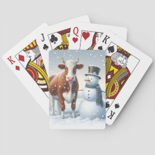 Jeu De Cartes Vache mignonne et bonhomme de neige dans le champ 